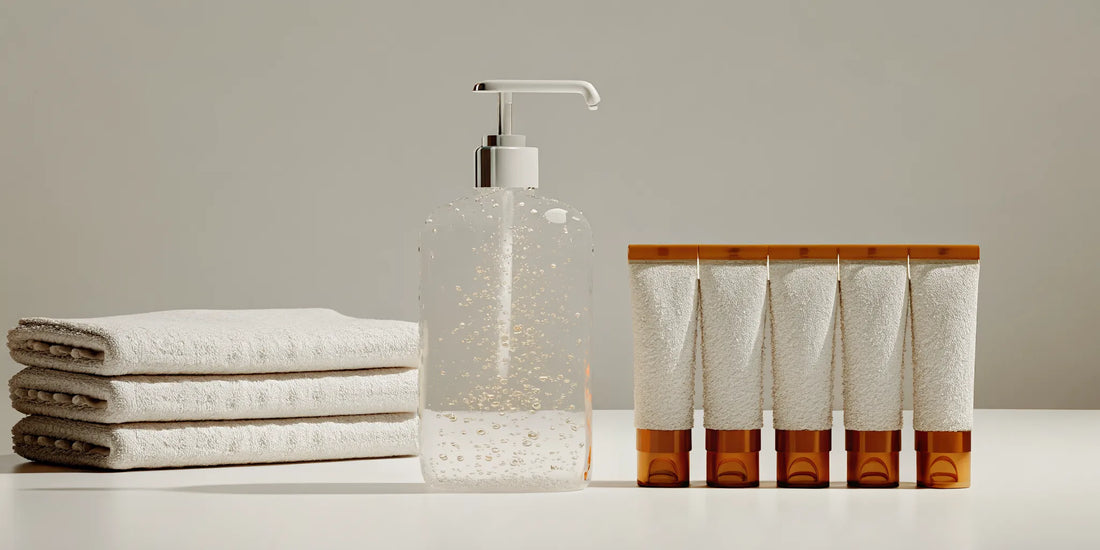 A bottle of unscented hand soap refill next to soft, folded towels.