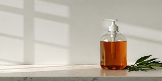 A person's hand dispensing vegan soap from a refillable glass bottle.
