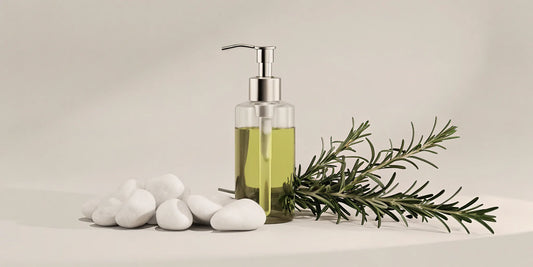 Rosemary hand soap refill bottle with a fresh rosemary sprig.