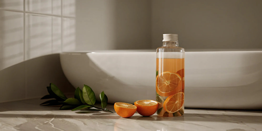 Mandarin body wash refill with fresh mandarin oranges.