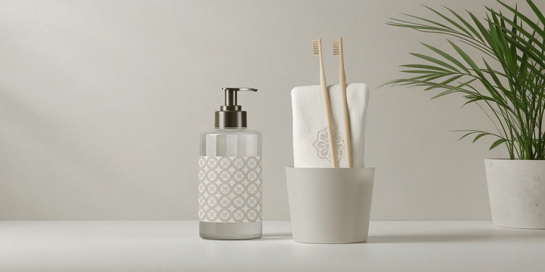 A hand refilling a soap dispenser with a sustainable refill pouch.