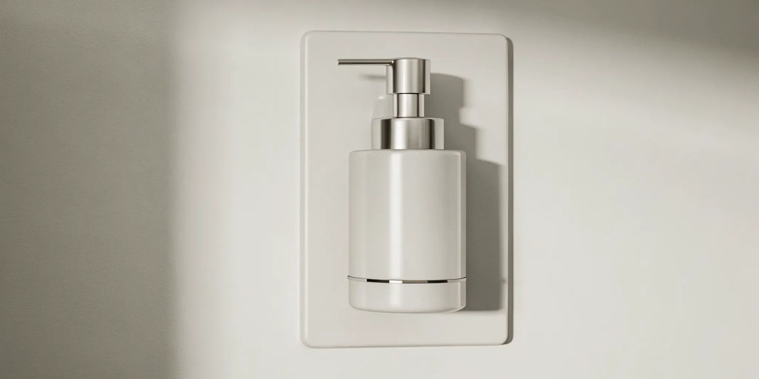 A modern, stainless steel wall mount soap pump installed on a bathroom wall.