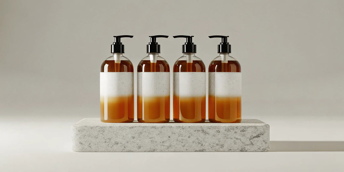 A body wash bundle with four minimalist amber pump bottles.
