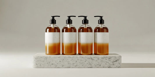 A body wash bundle with four minimalist amber pump bottles.