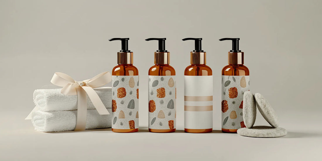 A beautifully arranged body wash gift set with pump bottles and exfoliating sponges.