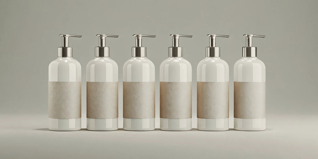 Six white pump bottles in a body wash multipack offering value and variety.