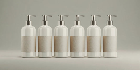 Six white pump bottles in a body wash multipack offering value and variety.