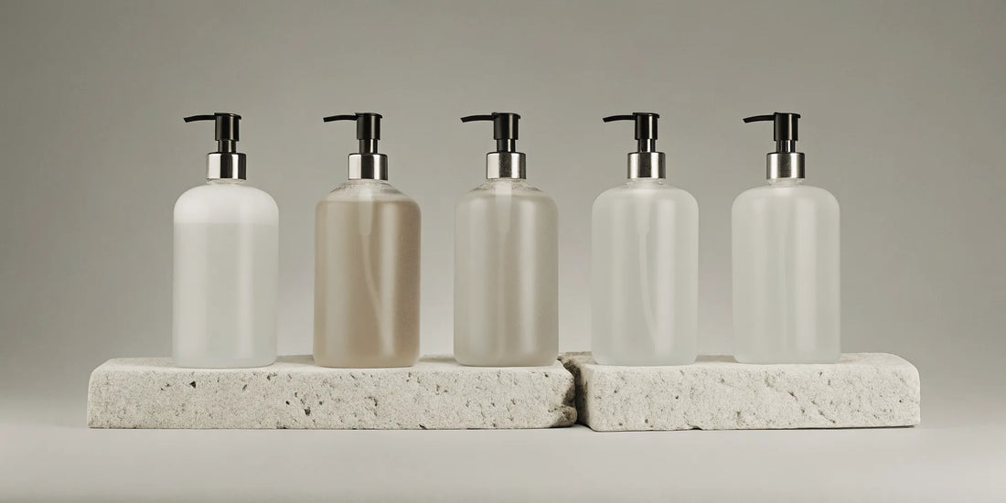 A selection of clean ingredient hand soaps in minimalist pump bottles.