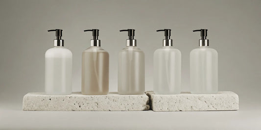 A selection of clean ingredient hand soaps in minimalist pump bottles.