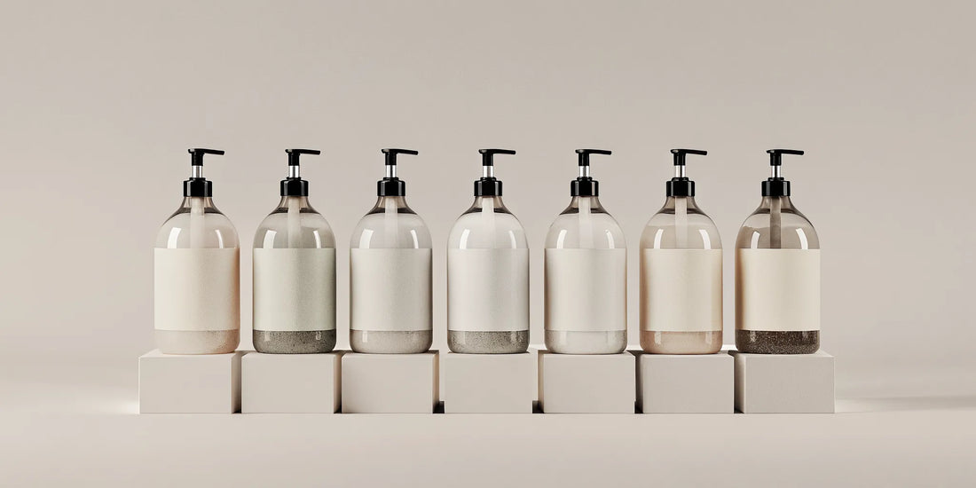 A collection of large hand soap refill bottles next to a reusable dispenser.