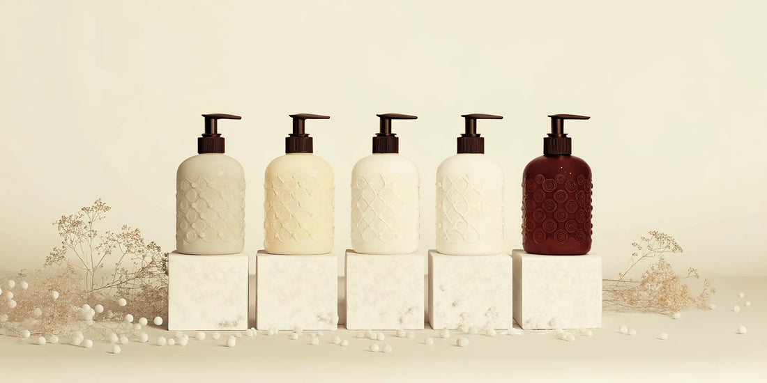 Several bottles of dermatologist-approved hand soap for sensitive skin.