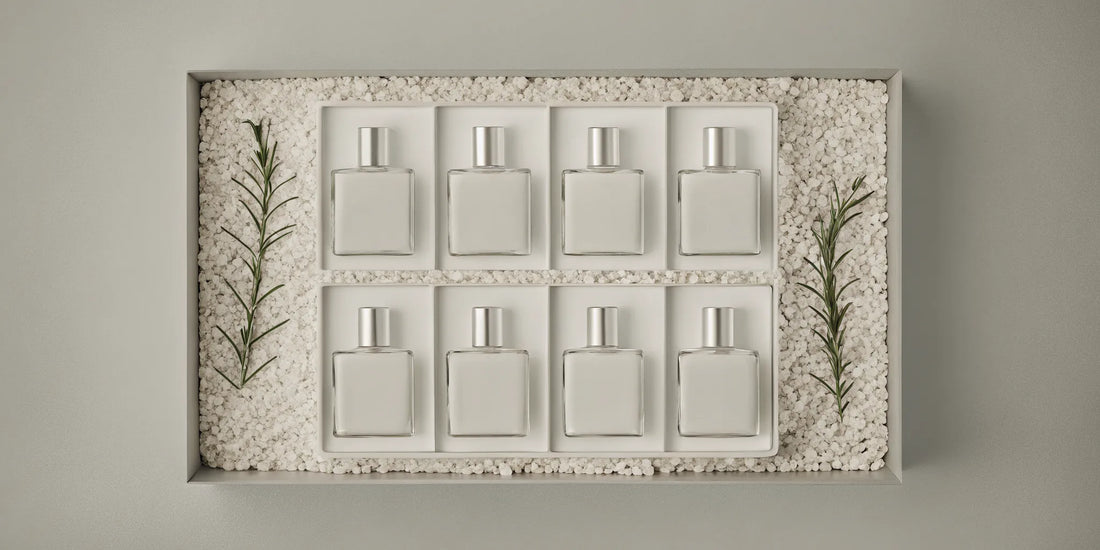 Perfume bottles on stones and greenery, featuring top Jo Malone Wood Sage and Sea Salt alternatives.