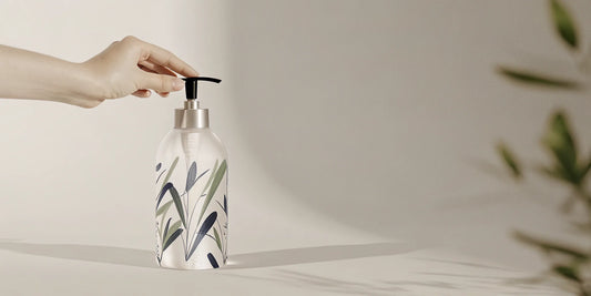 Hand pressing a pump on a paraben-free hand soap refill bottle.