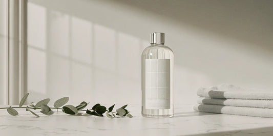 Paraben free soap refill in a clear bottle on a marble counter with eucalyptus.