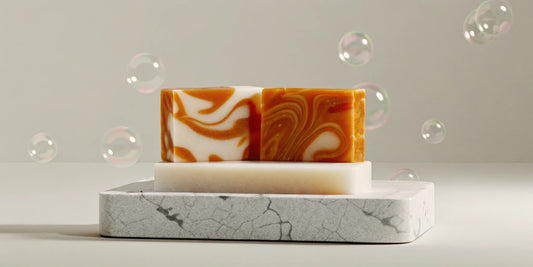 Aromatic designer inspired hand soap bars with elegant swirls on a marble tray.