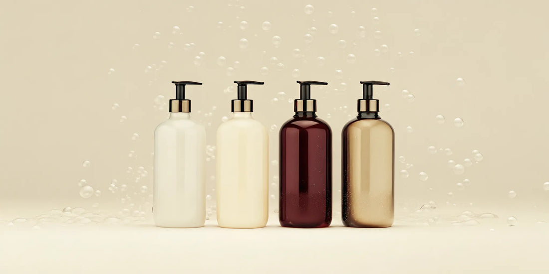 An assortment of fresh scent body wash bottles with bubbles.