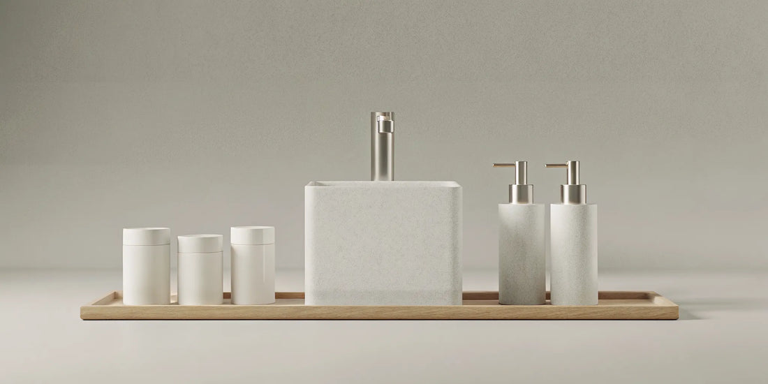 Minimalist hand wash and lotion set on a wooden tray to upgrade a bathroom or kitchen sink.
