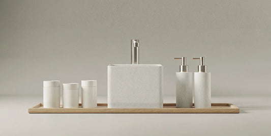 Minimalist hand wash and lotion set on a wooden tray to upgrade a bathroom or kitchen sink.