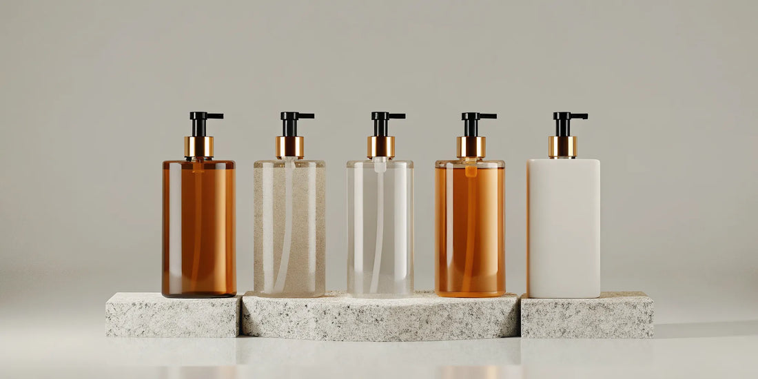A collection of luxury fragrance body wash bottles from top brands.