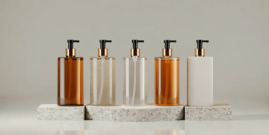 A collection of luxury fragrance body wash bottles from top brands.