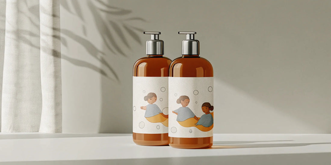 Amber pump bottles of non-toxic hand soap for kids with fun, colorful labels.