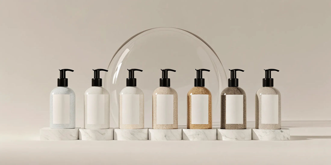Seven different pH balanced hand soap bottles for healthy skin.