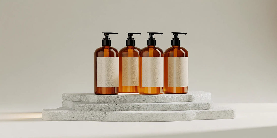 Plant-derived body wash in amber bottles for naturally soft skin.
