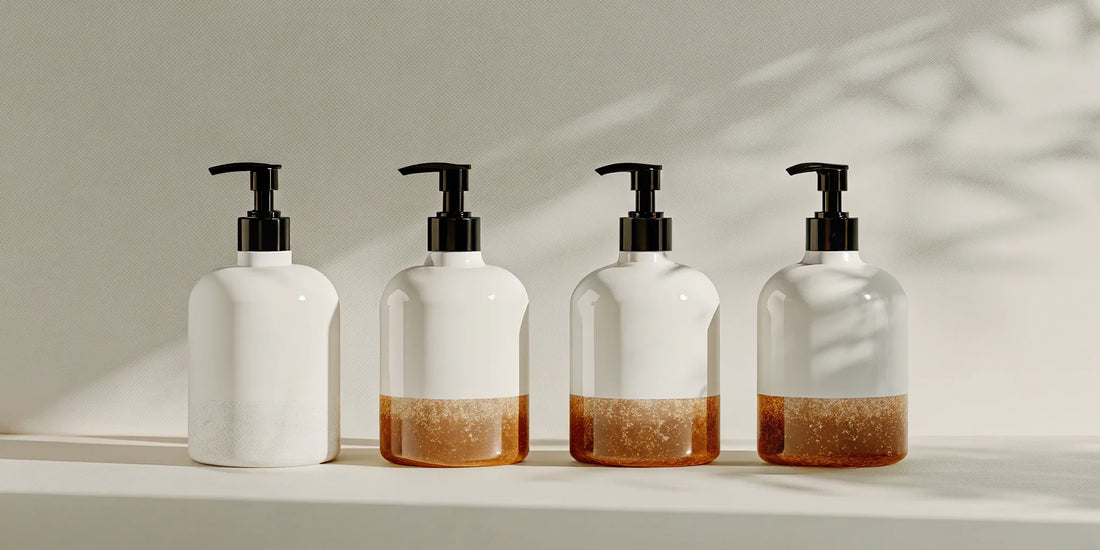 A hand using a stylish, refillable soap dispenser on a modern countertop.