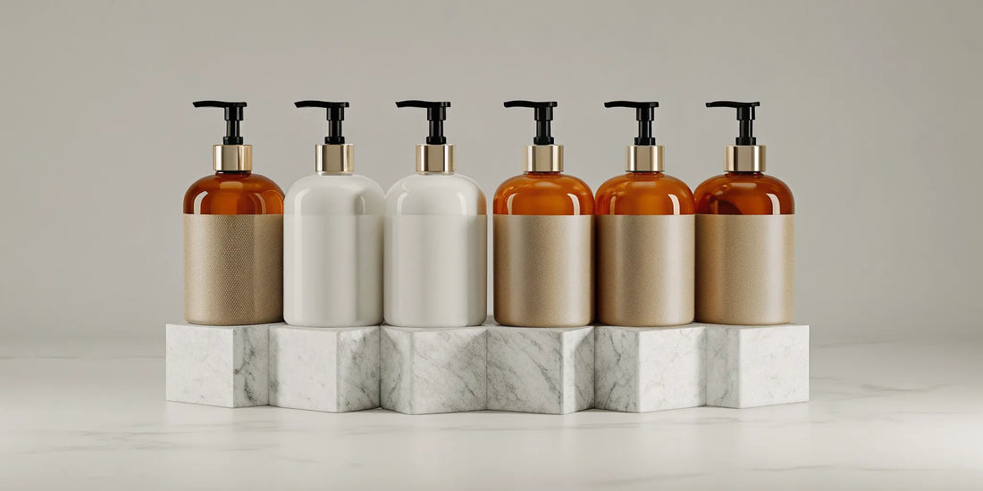The best reusable soap dispensers in amber and white for a chic kitchen or bathroom.