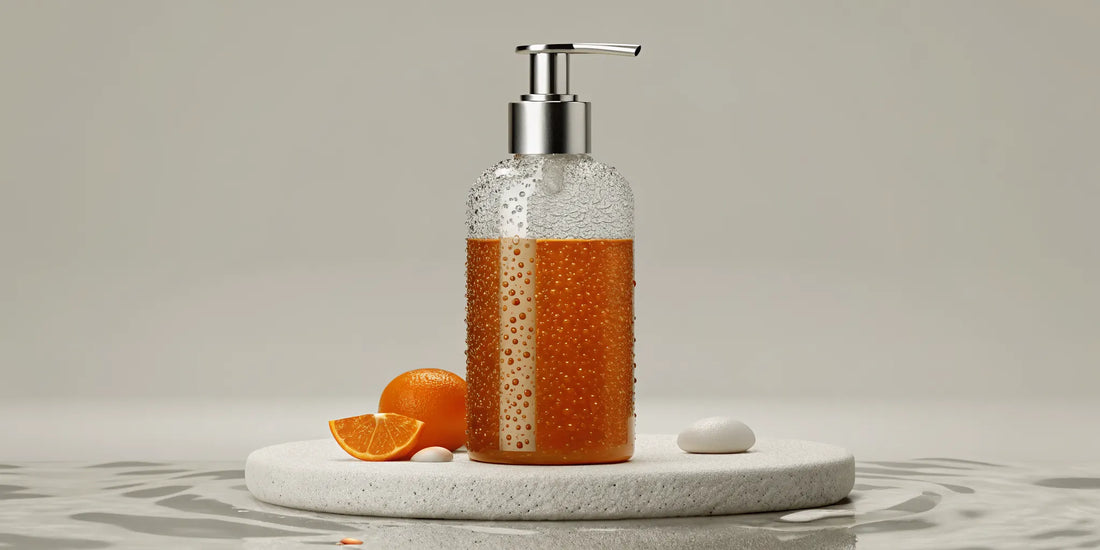 A long lasting citrus body wash scent in a glass pump bottle.