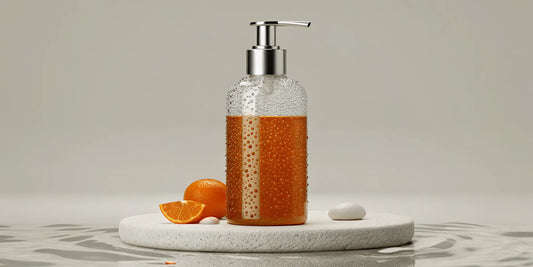 A long lasting citrus body wash scent in a glass pump bottle.