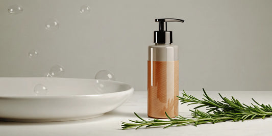 Rosemary hand soap with fresh rosemary sprigs, highlighting the natural skin benefits.