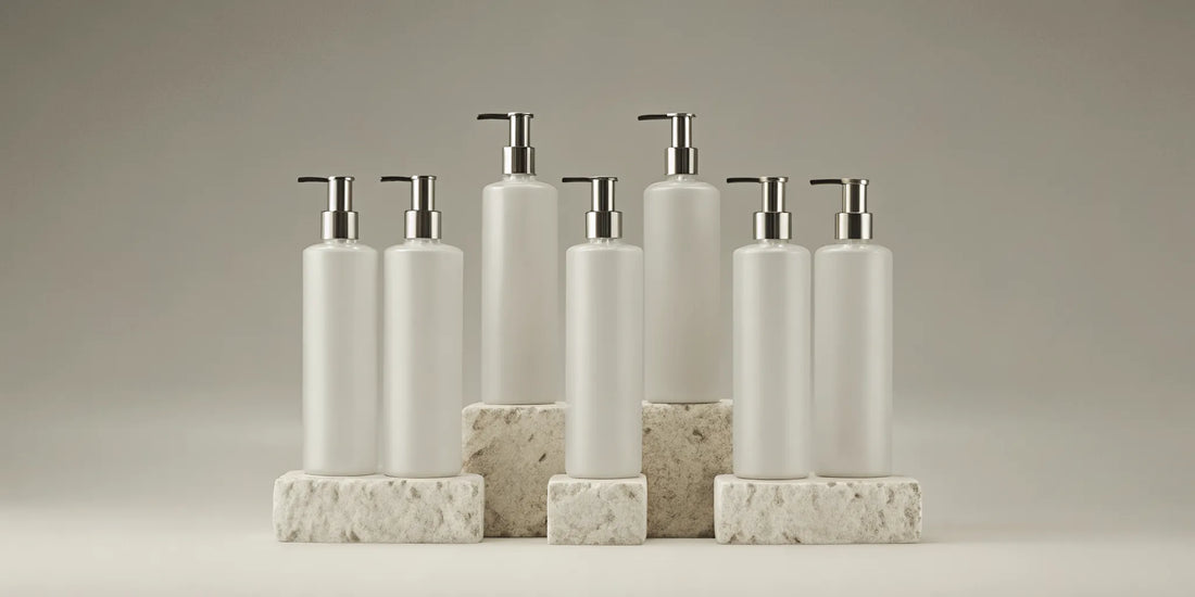 A variety of reusable lotion bottles in different materials.