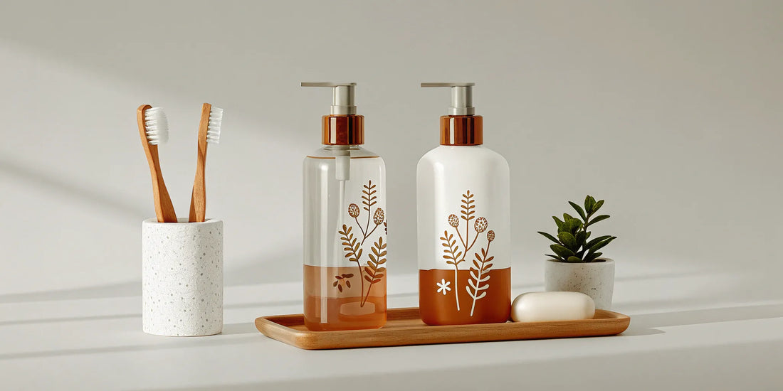 Eco-friendly hotel amenities like a bamboo toothbrush, bar soap, and a refillable soap dispenser.
