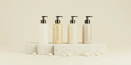 A collection of luxury inspired hand soap bottles on a marble countertop.