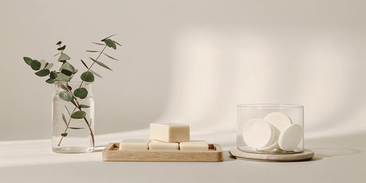 A set of zero waste bathroom essentials featuring shampoo bars, reusable cotton rounds, and a glass dispenser.