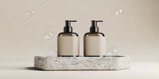 Luxury hand soaps in amber bottles, similar to Aesop, on a stone tray.