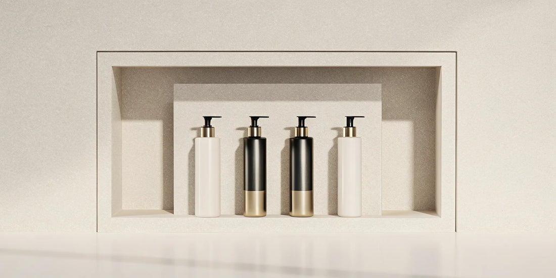 Sleek body wash dispensers organized in a modern, tiled shower niche.