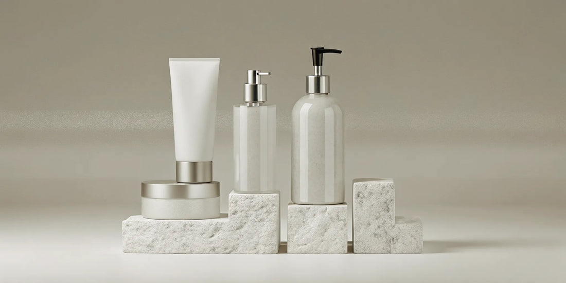Luxe refillable body care bottles and tubes arranged on a stone display.