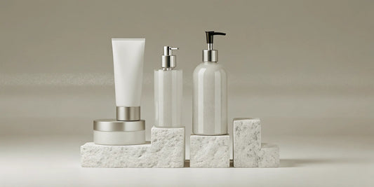Luxe refillable body care bottles and tubes arranged on a stone display.