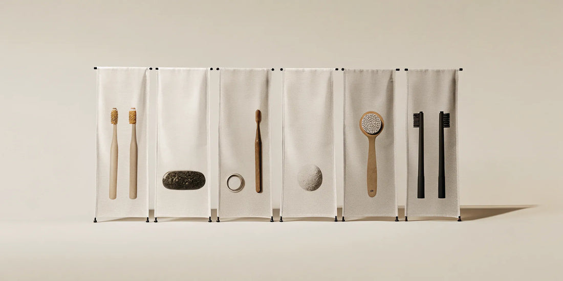 An arrangement of sustainable shower products including a soap bar, solid shampoo, and a natural loofah.