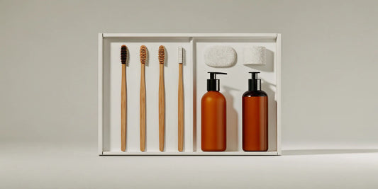 A chic collection of eco friendly bathroom products with bamboo toothbrushes and refillable amber bottles.