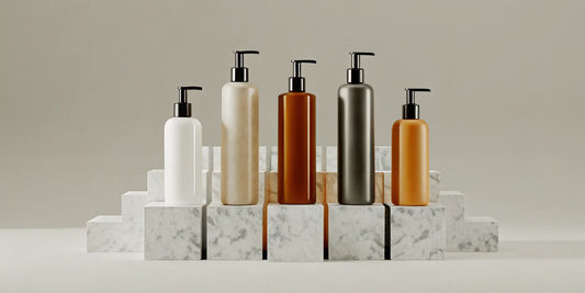 A collection of expensive smelling body wash in elegant, minimalist bottles.