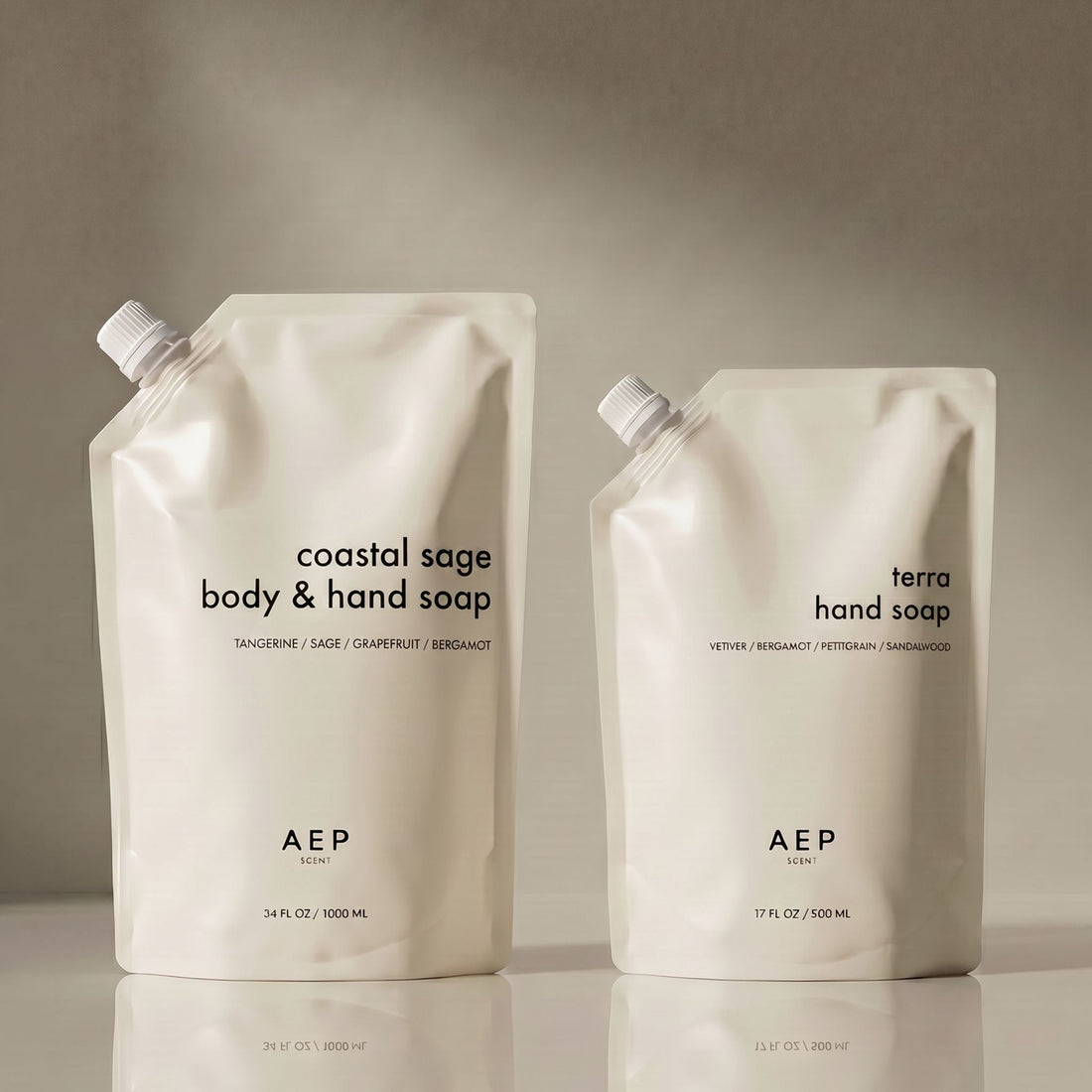 AEP Terra hand soap and Coastal Sage body and hand soap refill pouch set