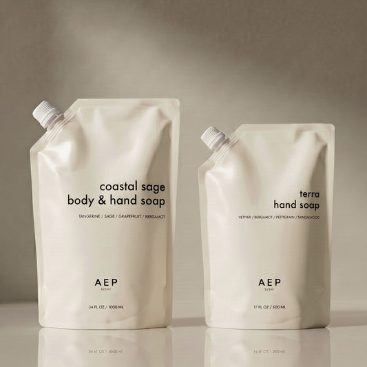 AEP Terra hand soap and Coastal Sage body and hand soap refill pouch set