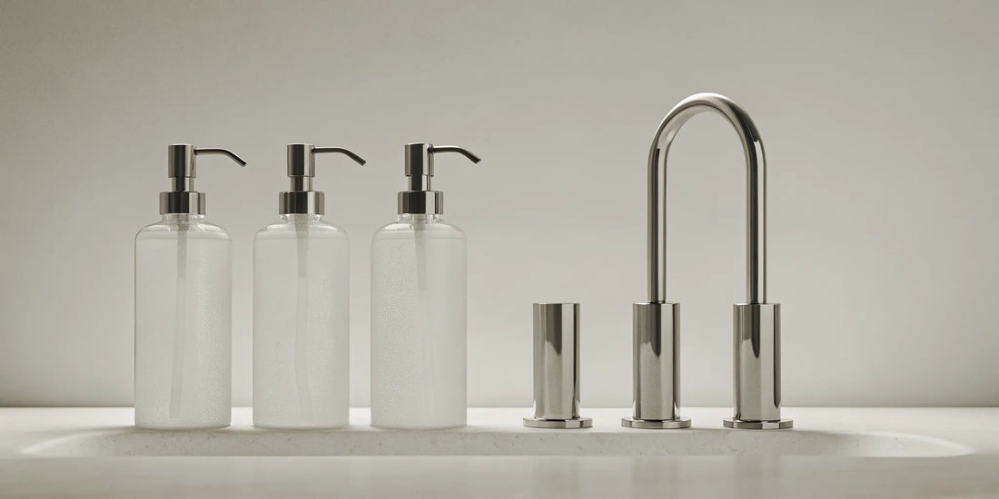 Glass soap dispensers for sink with stainless steel pumps.