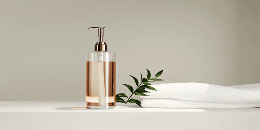 A clear pump bottle of non-toxic body wash refill with a green leaf and white towel.