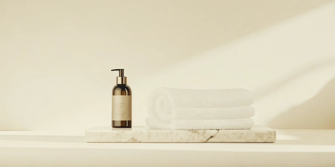 A bottle of AEP luxury scented soap on a marble tray in a minimalist bathroom setting.