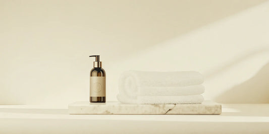 A bottle of AEP luxury scented soap on a marble tray in a minimalist bathroom setting.
