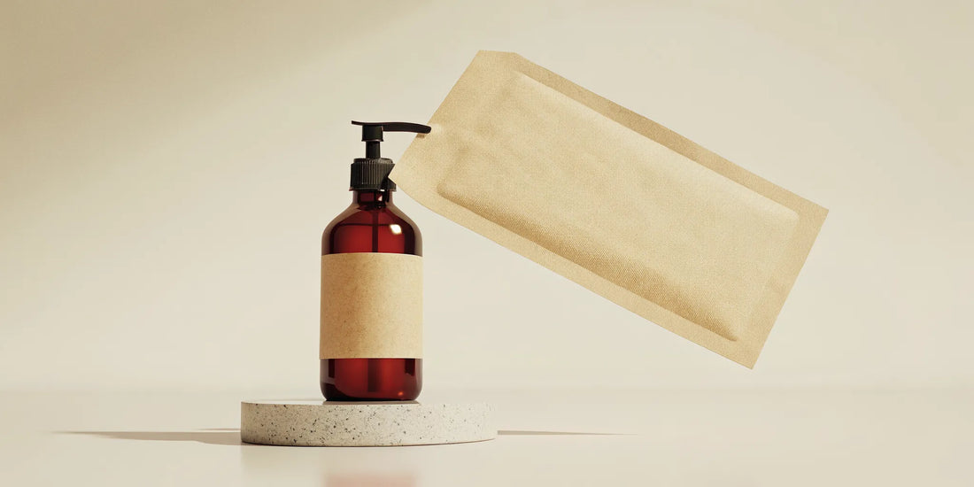 Eco-friendly hand soap refill poured from a sustainable kraft-paper pouch into a premium amber glass dispenser